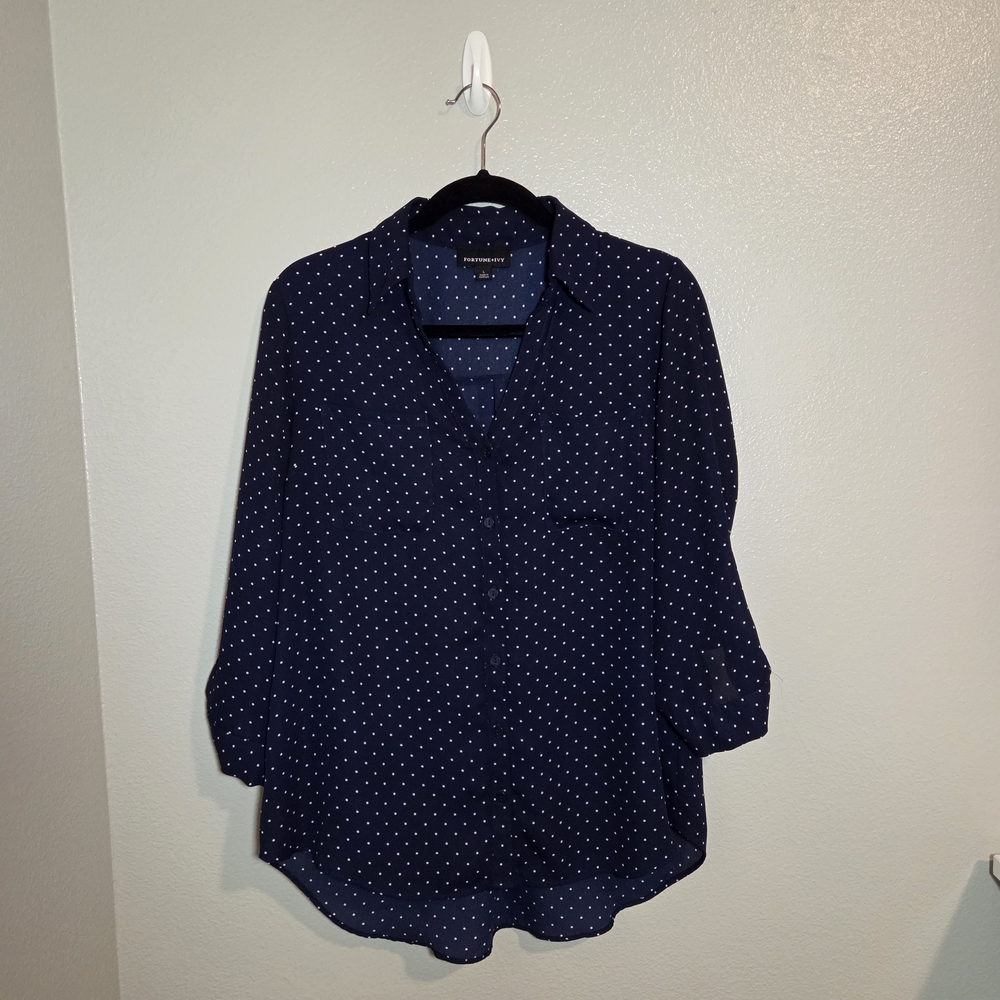 Elegant Navy Polka Dot Button Down Shirt